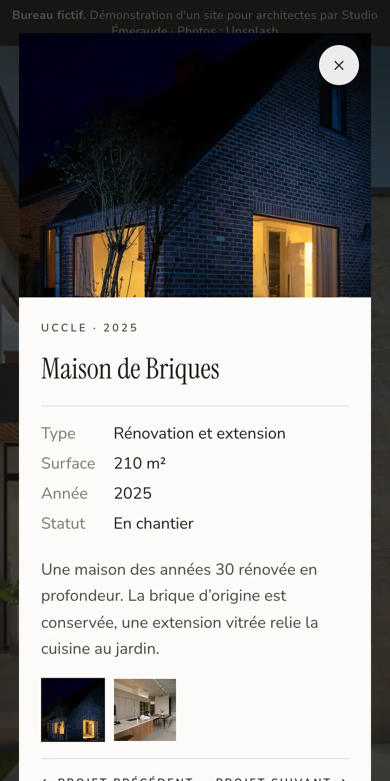 A project sheet with type, floor area, year and status, on a phone
