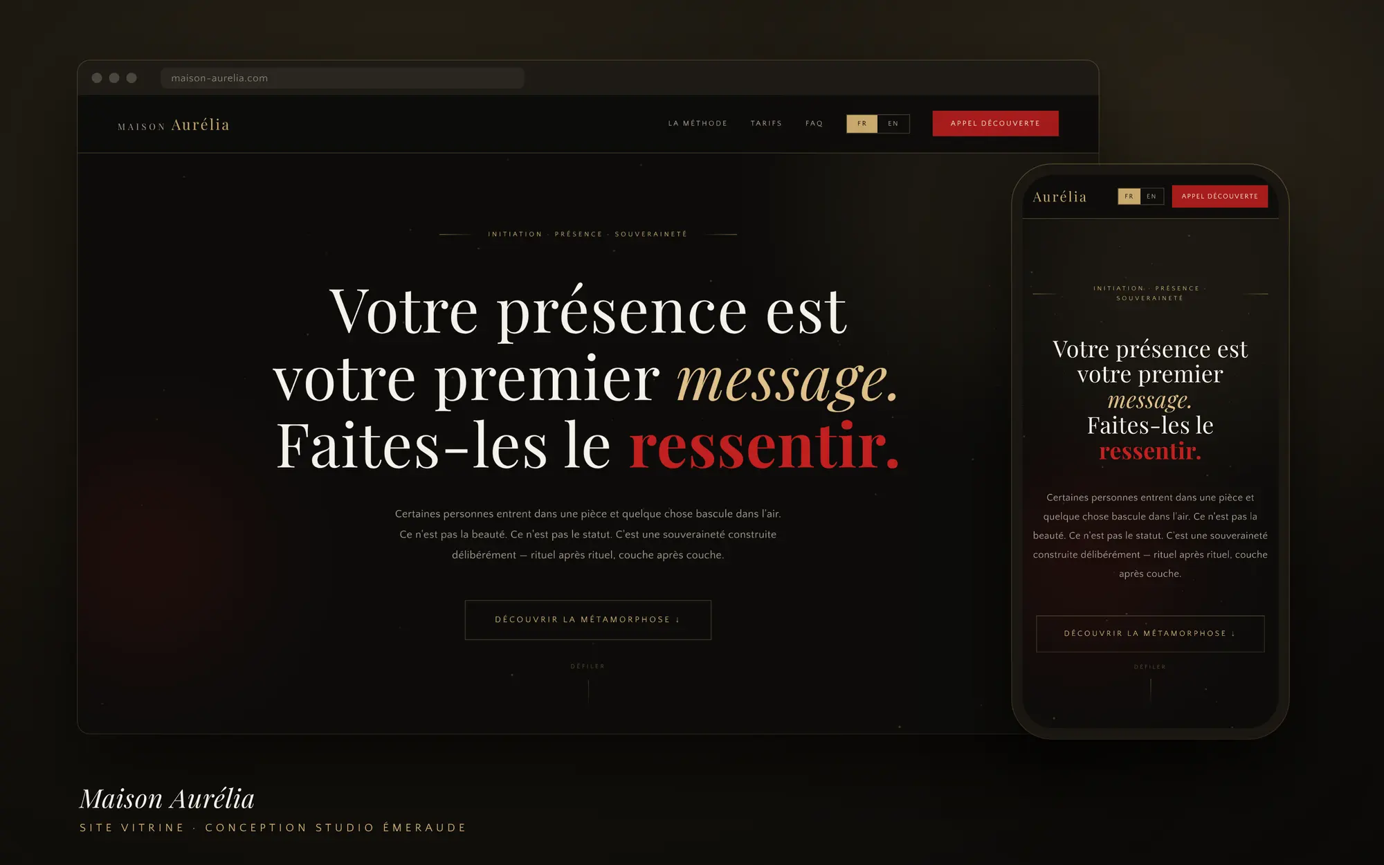 Maison Aurélia home page on a laptop and a phone: “Votre présence est votre premier message. Faites-les le ressentir.”