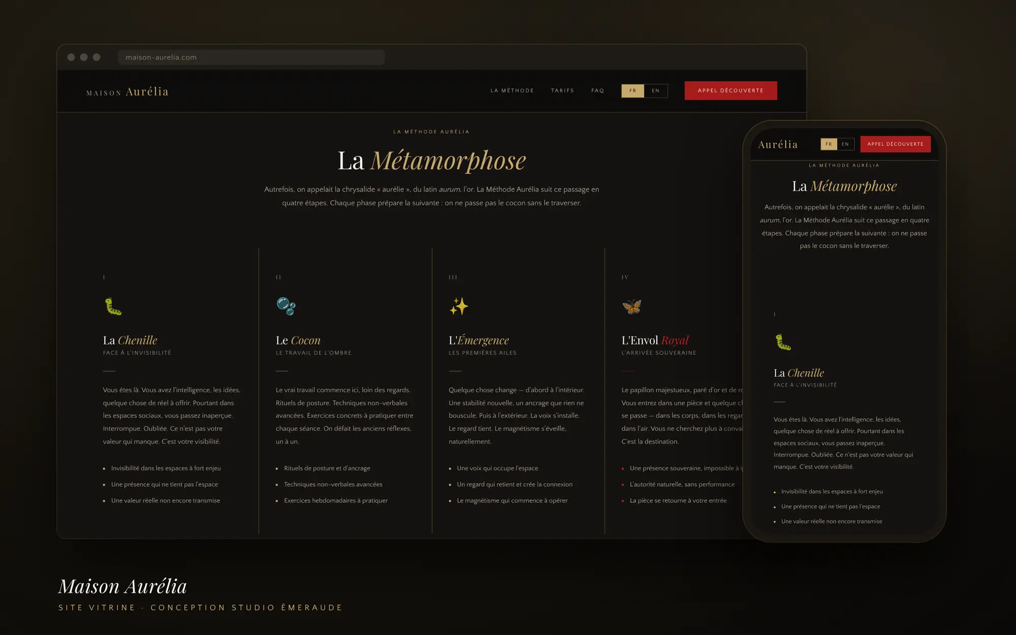 The Métamorphose method page with its four stages, on a laptop and a phone
